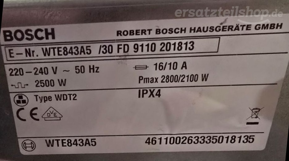 Typenschild Bosch WTE843A5/30