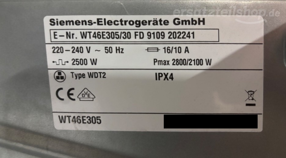 Typenschild Siemens WT46E305/30