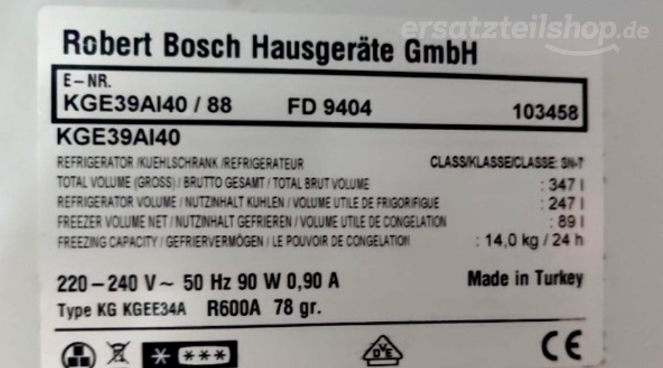 Typenschild Bosch KGE39AI40/88
