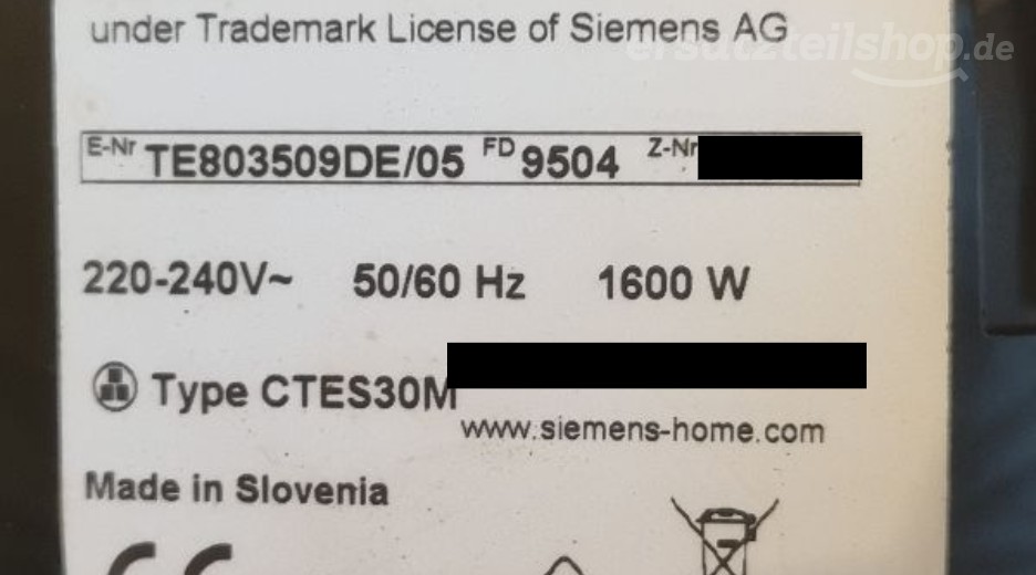 Typenschild Siemens TE803509DE/05