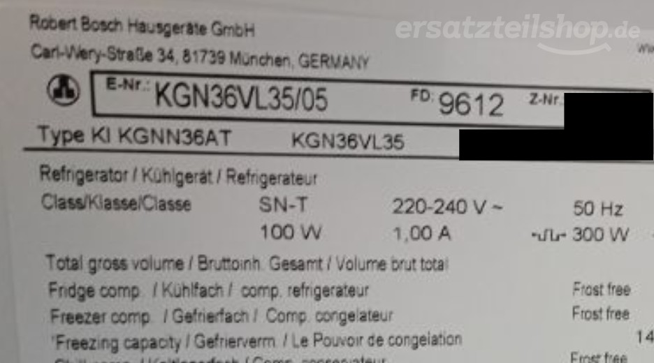 Typenschild Bosch KGN36VL35/05