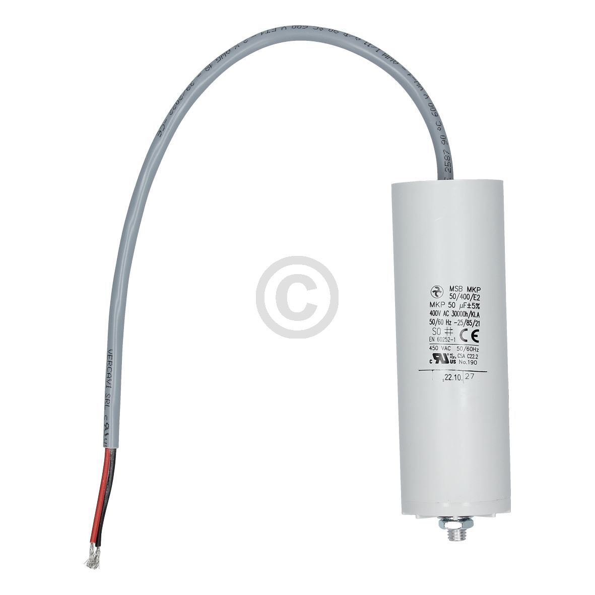 Kondensator 50µF 400V HYDRA MSB MKP 50/400/E2 UL mit Anschlusskabel und Befestigungsschraube
