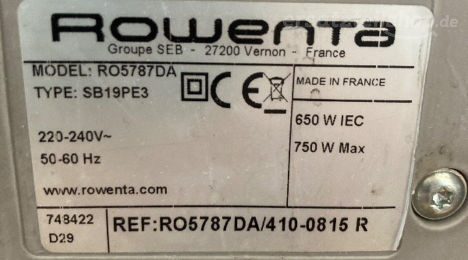 Typenschild Rowenta Rowenta RO5787DA410 SilenceForceExtremeCompact RO5787DA410