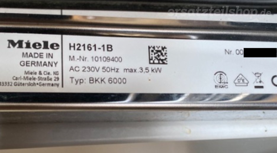 Typenschild Miele H 2161-1 B H2161-1B