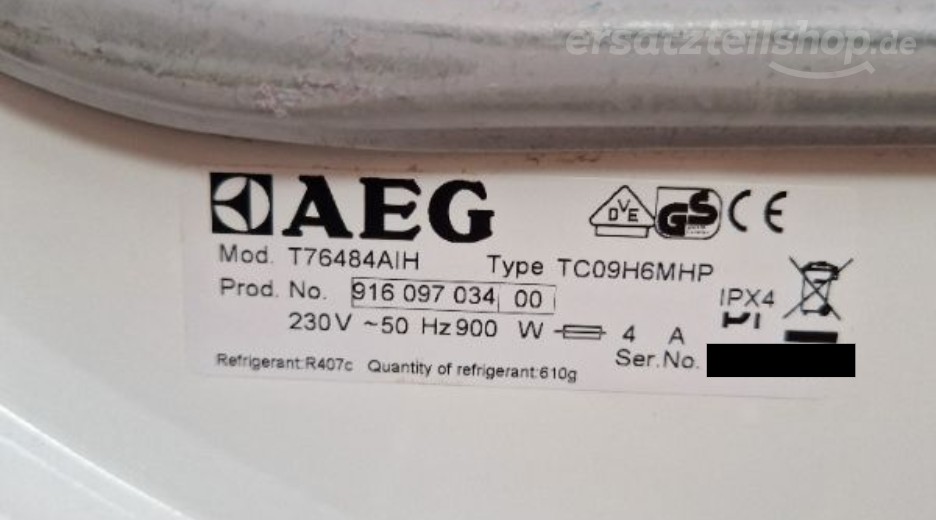Typenschild AEG T76484AIH 91609703400