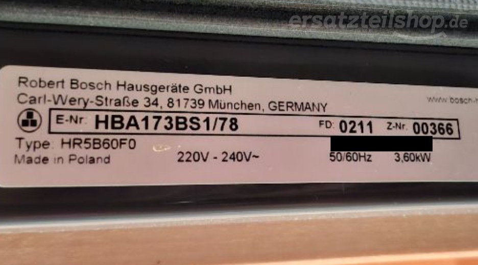 Typenschild Bosch HBA173BS1/78