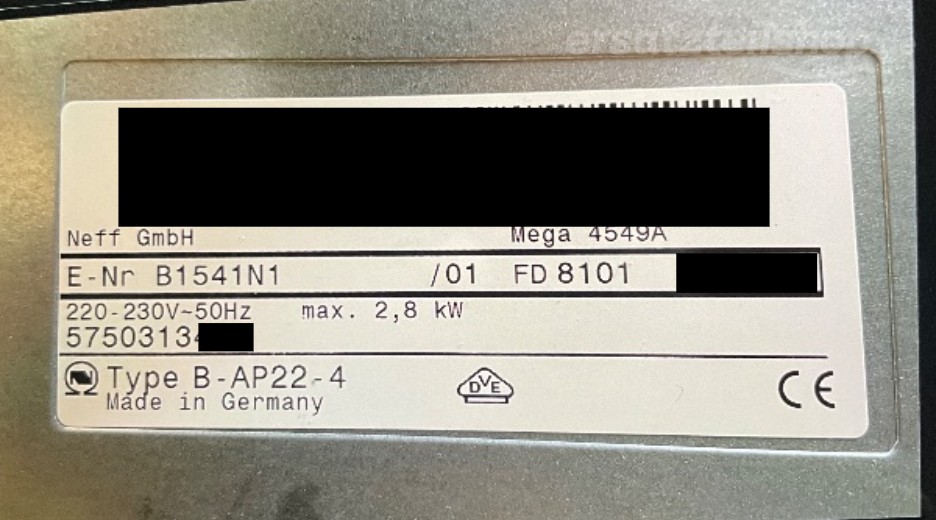 Typenschild Neff Mega 4549 A B1541N1/01