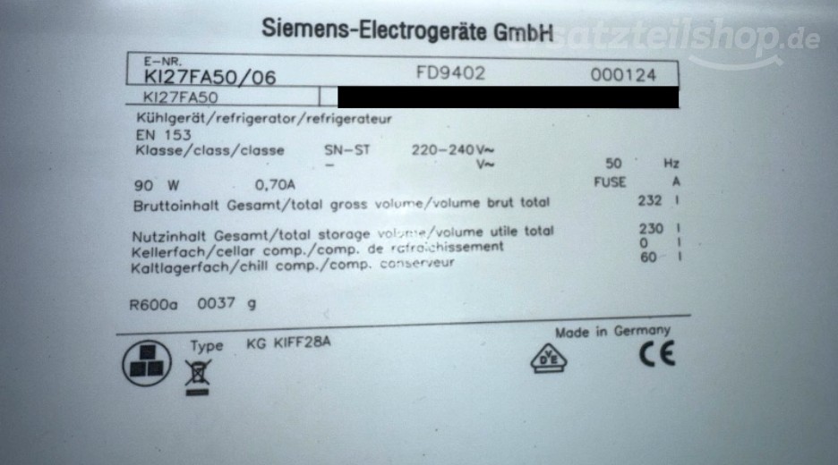 Typenschild Siemens KI27FA50/06