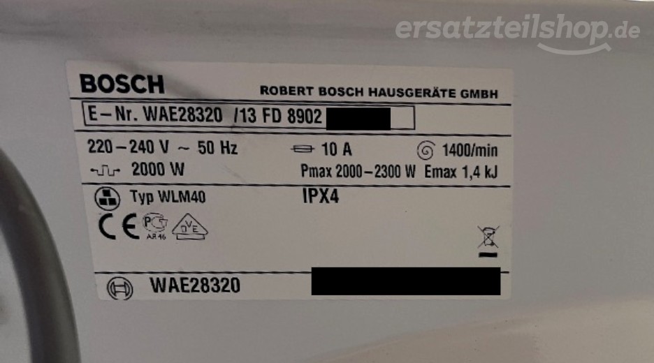 Typenschild Bosch WAE28320/13