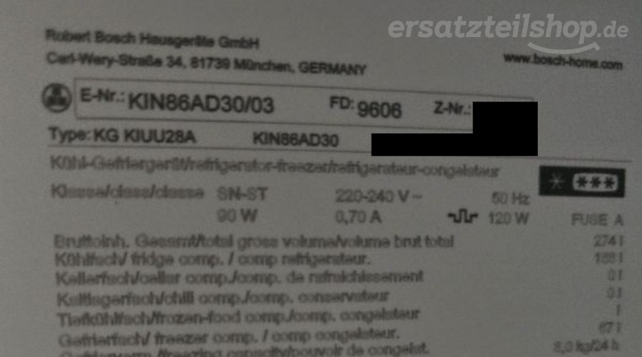 Typenschild Bosch KIN86AD30/03