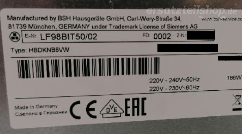 Typenschild Siemens LF98BIT50/02