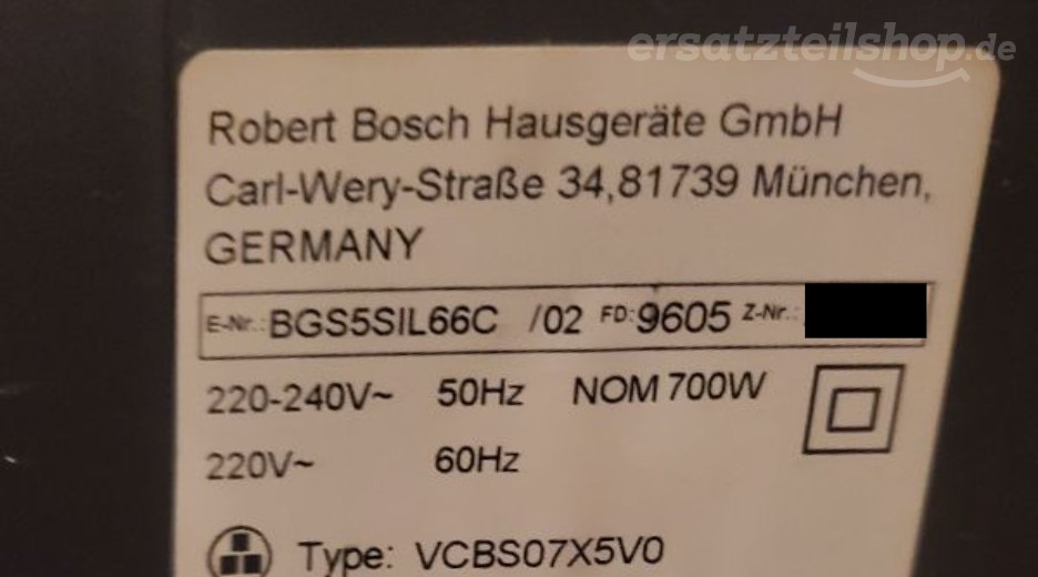 Ersatzteile Bosch BGS5SIL66C/02 Typenschild Bosch BGS5SIL66C/02