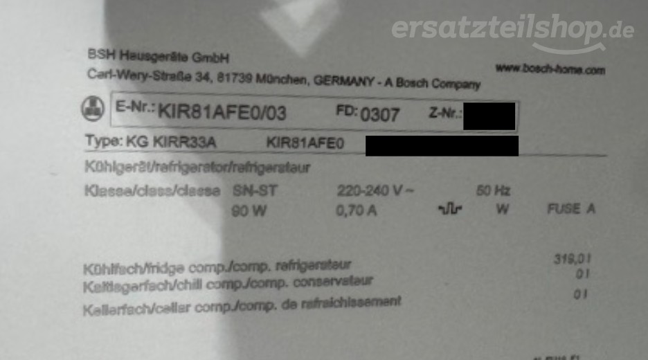 Typenschild Bosch KIR81AFE0/03