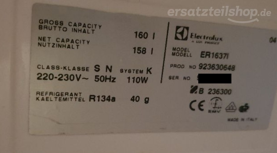 Typenschild Electrolux ER1637I 92363064800