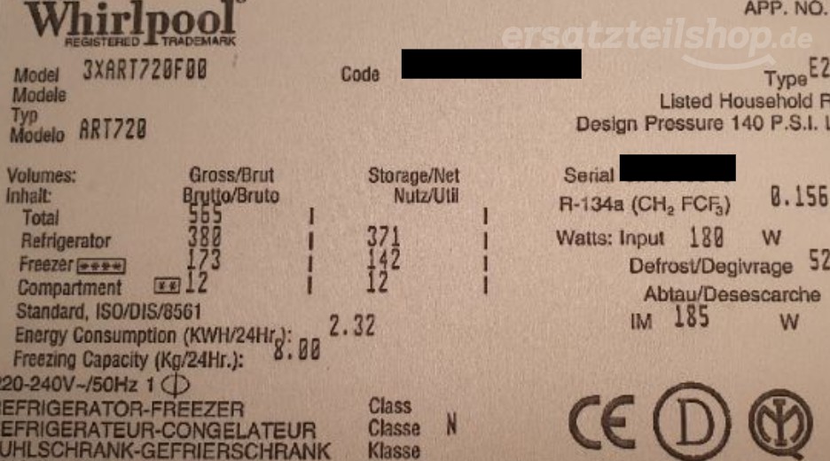 Typenschild Whirlpool ART 720 856472001000