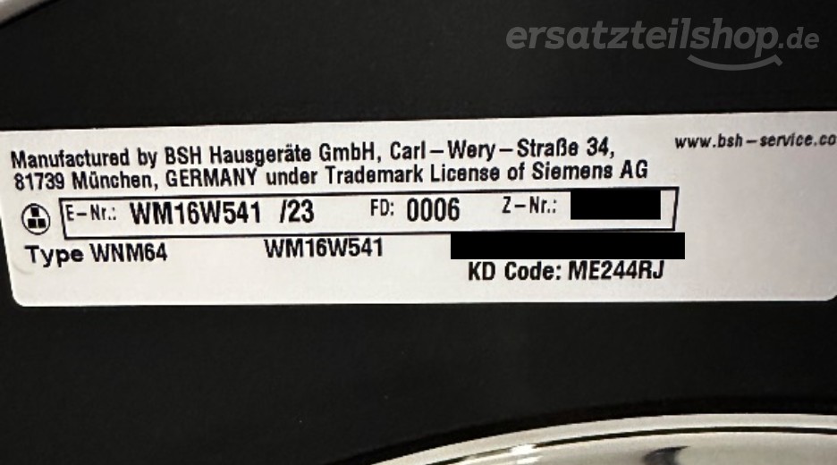 Typenschild Siemens WM16W541/23