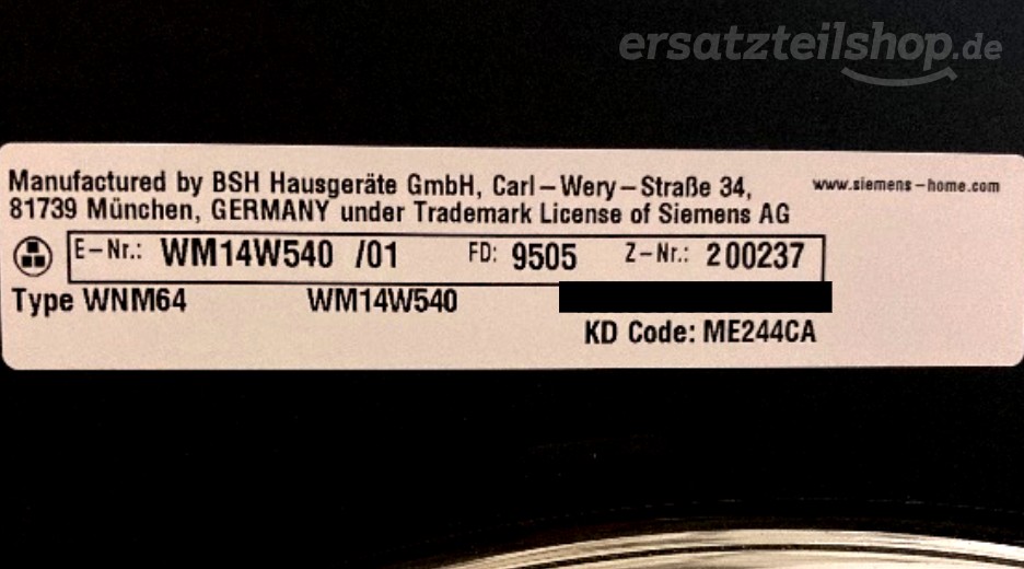 Typenschild Siemens WM14W540/01