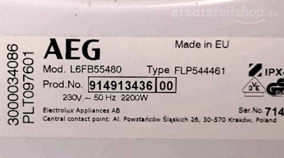 Typenschild AEG L6FB55480 91491343600