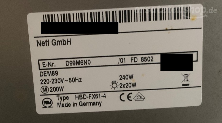 Typenschild Neff D99M6N0/01