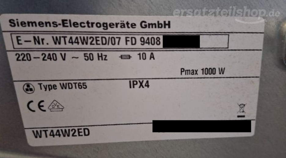 Typenschild Siemens WT44W2ED/07