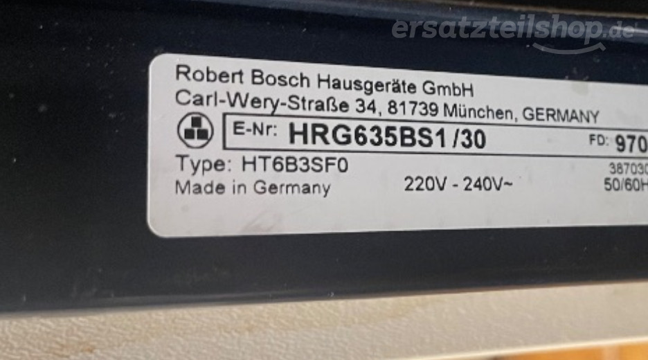 Typenschild Bosch HRG635BS1/30