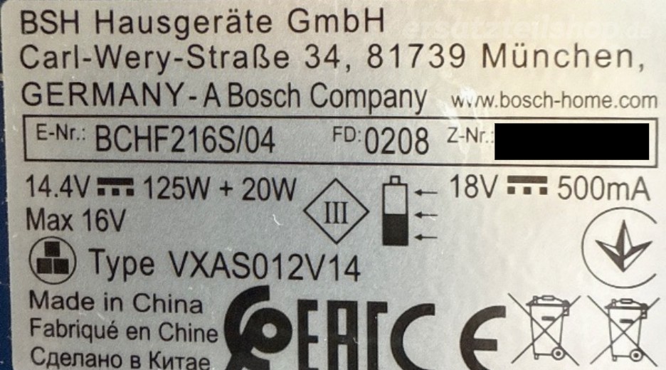 Typenschild Bosch BCHF216S/04