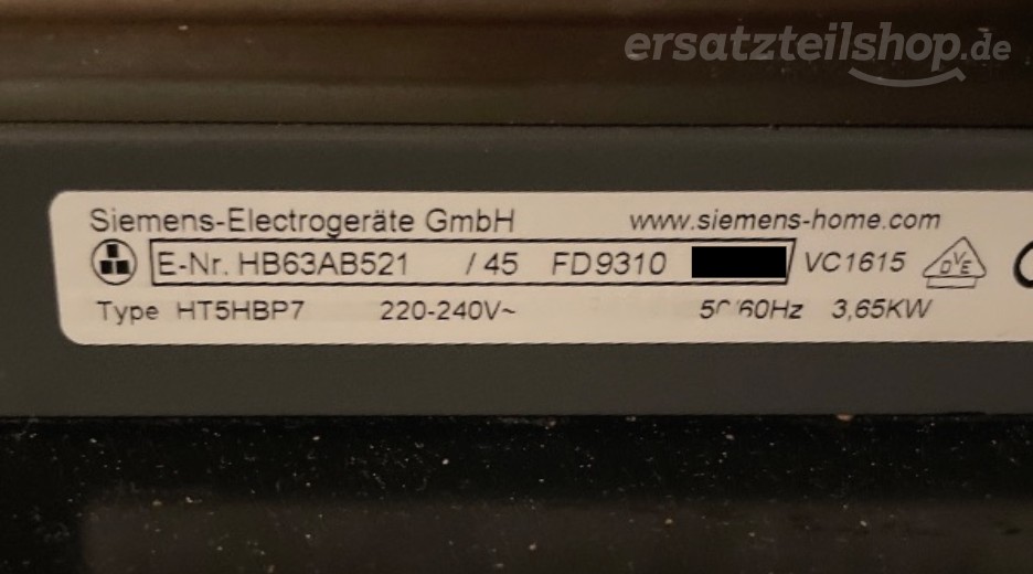 Typenschild Siemens HB63AB521/45