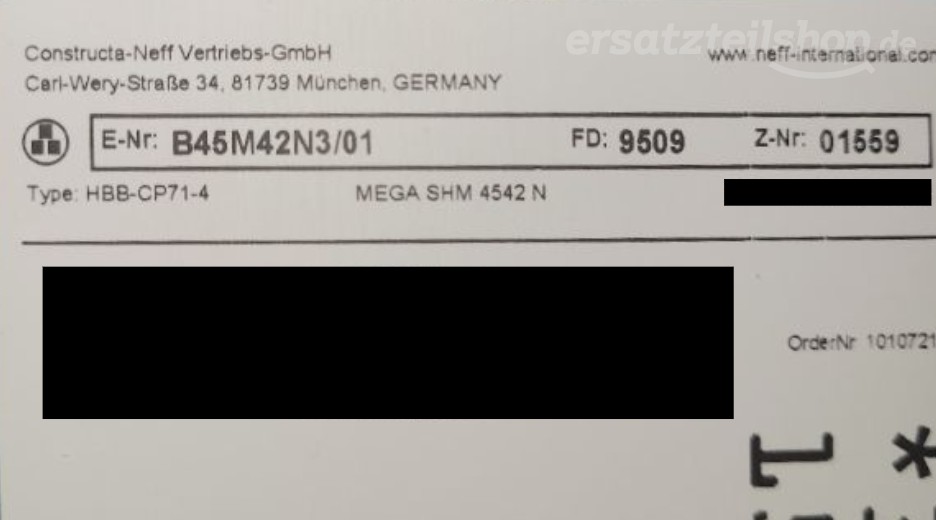 Typenschild Neff B45M42N3/01