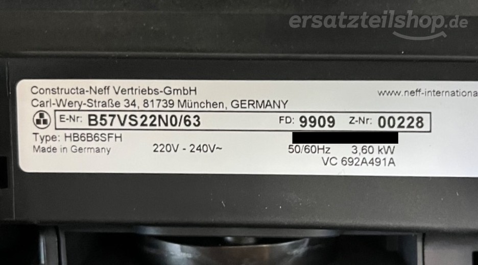 Typenschild Neff B57VS22N0/63
