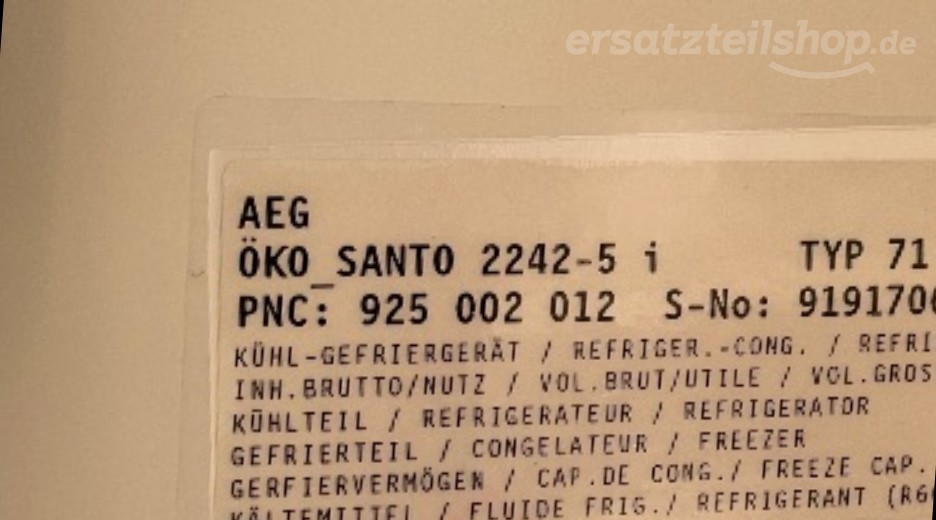 Typenschild AEG S2242-5 I 92500201200