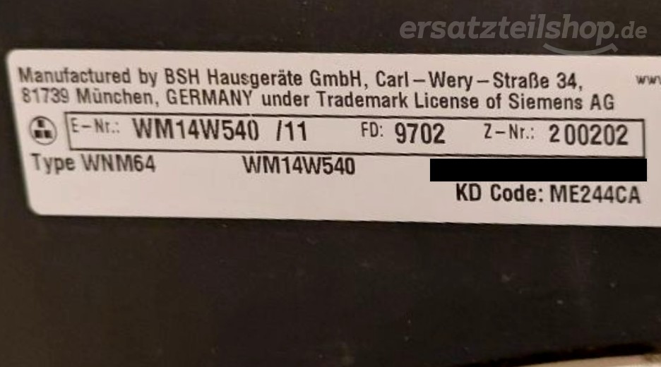 Typenschild Siemens WM14W540/11