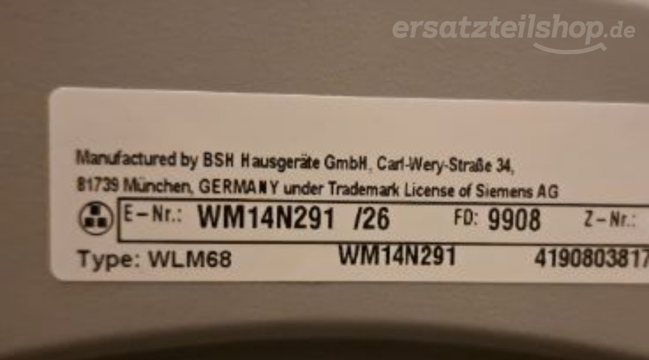 Typenschild Siemens  WM14N291/26