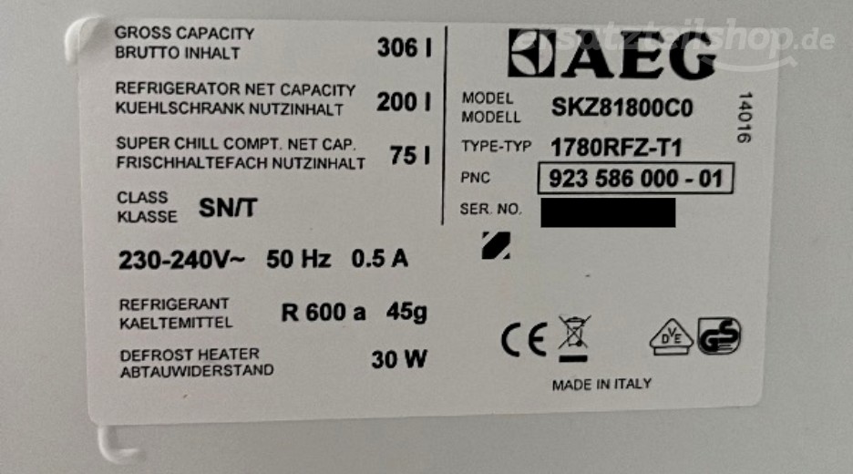 Typenschild AEG SKZ81800C0 92358600001
