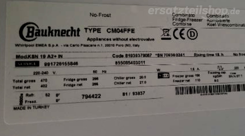 Typenschild Bauknecht KSN 19 A2+ IN 855085403011