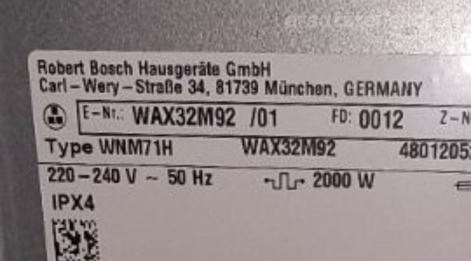 Typenschild Bosch  WAX32M92/01
