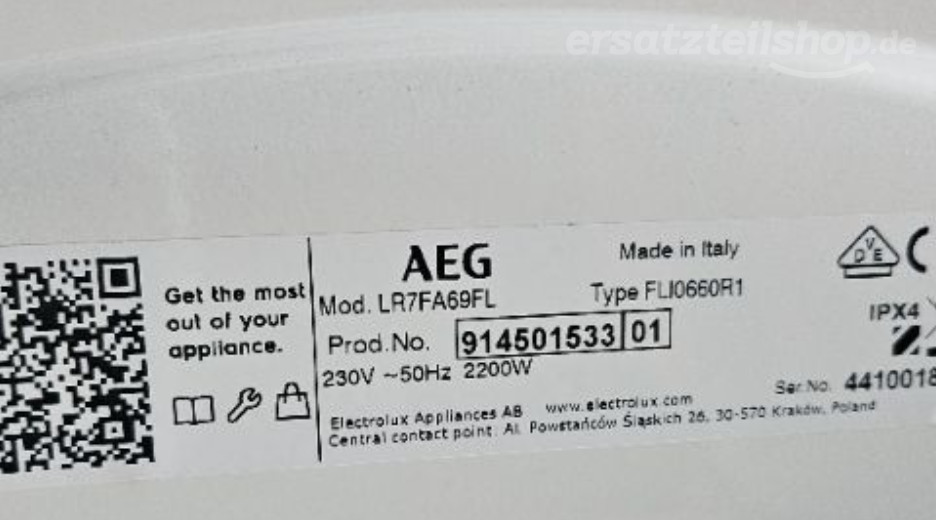 Typenschild AEG LR7FA69FL 91450153301