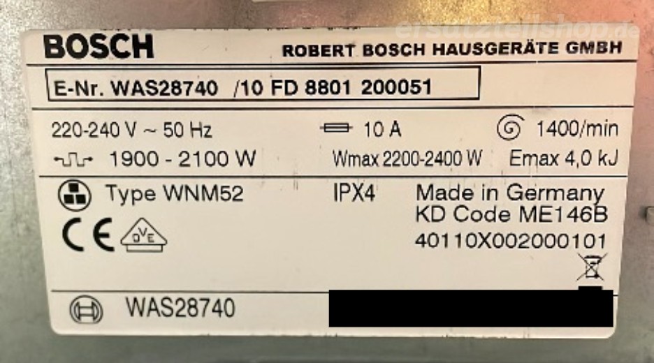 Typenschild Bosch Logixx 8 Sensitive WAS28740/10