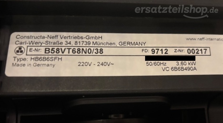 Typenschild Neff B58VT68N0/38