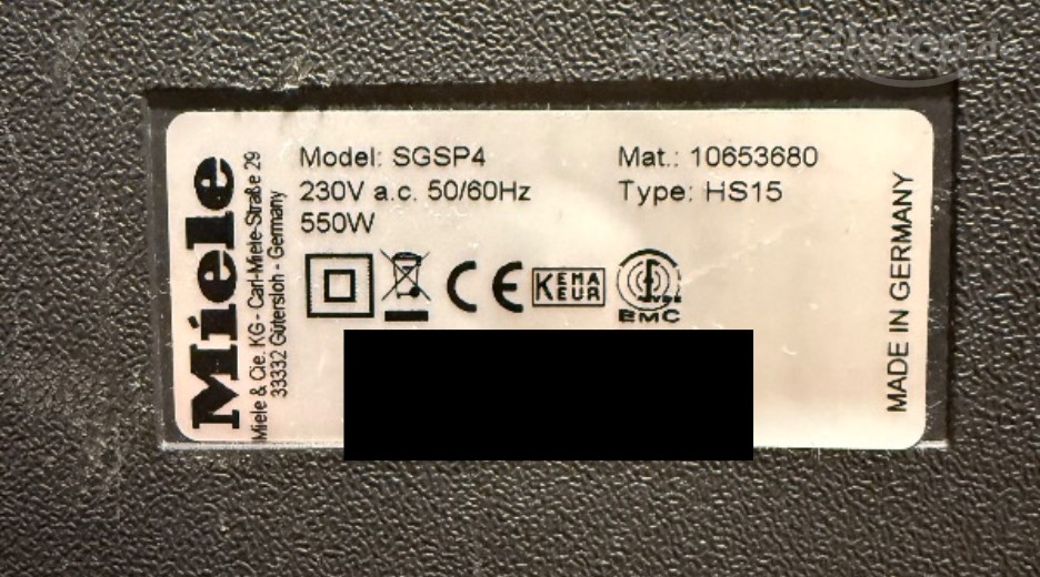 Typenschild Miele SGSP4 SGSP4