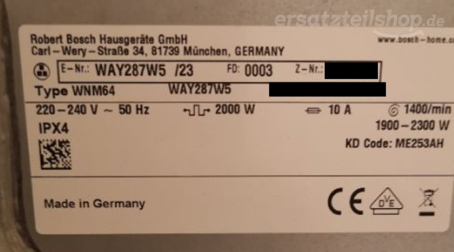 Typenschild Bosch WAY287W5/23
