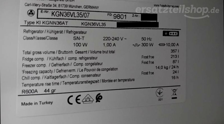 Typenschild Bosch KGN36VL35/07