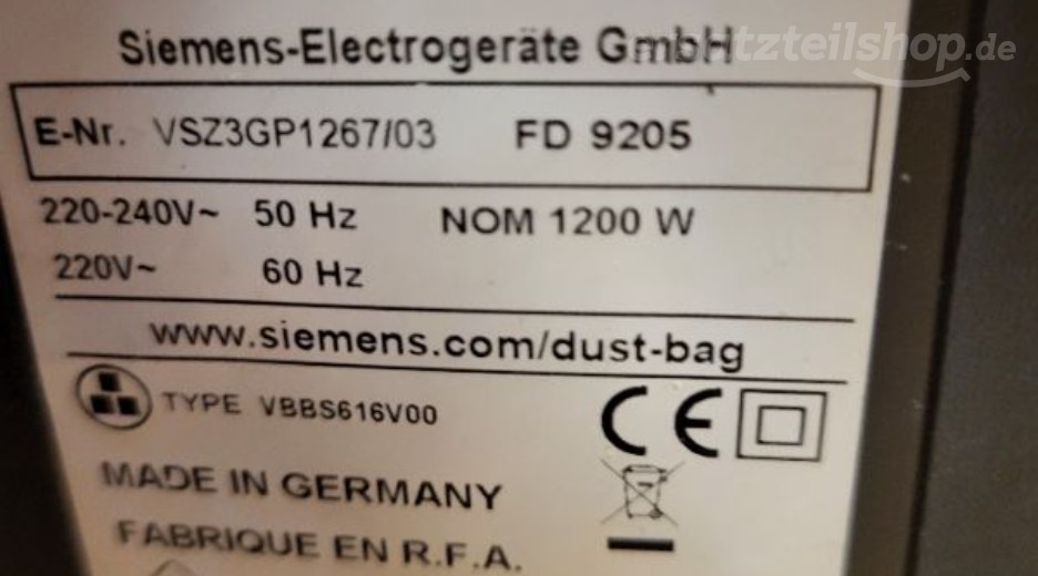 Typenschild Siemens VSZ3GP1267/03