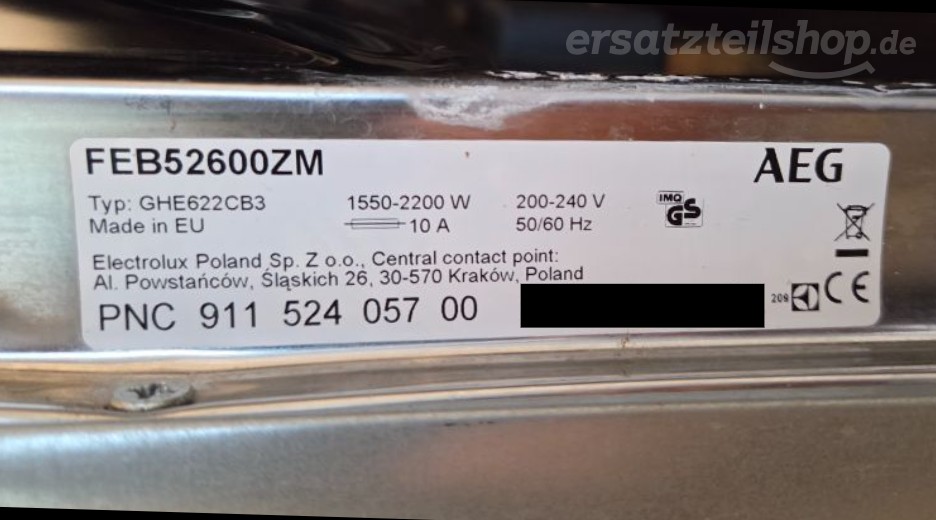 Typenschild AEG FEB52600ZM 91152405700