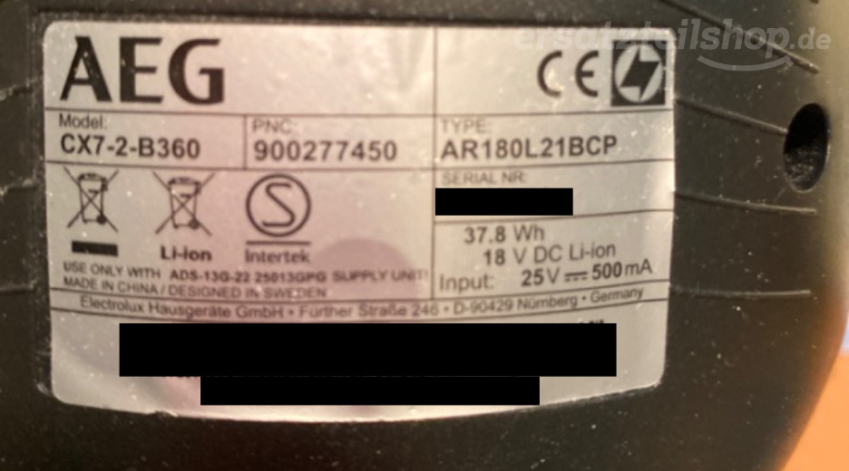 Typenschild AEG CX7-2-B360 90027745000