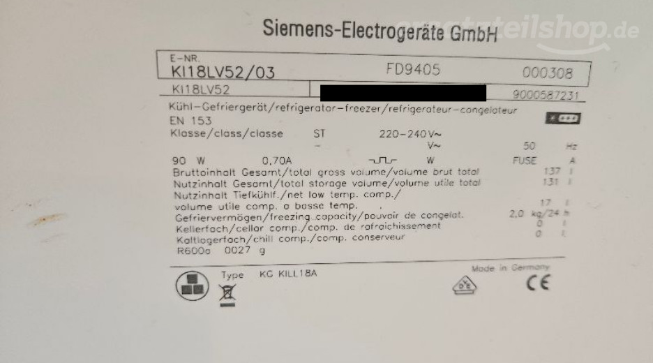 Typenschild Siemens KI18LV52/03