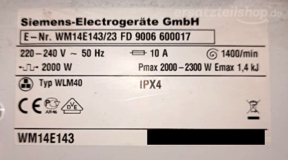 Typenschild Siemens WM14E143/23