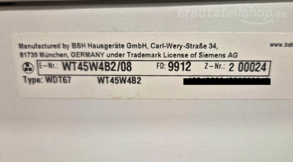 Typenschild Siemens WT45W4B2/08