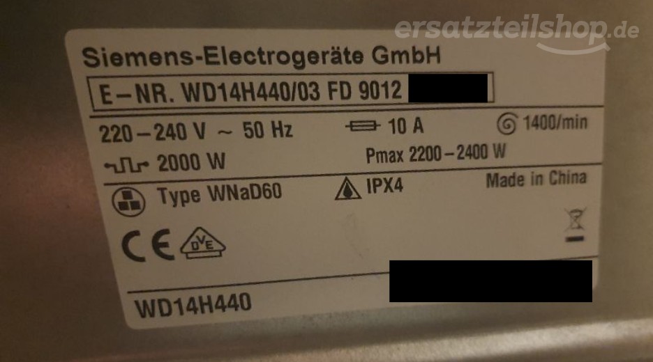 Typenschild Siemens WD14H440/03