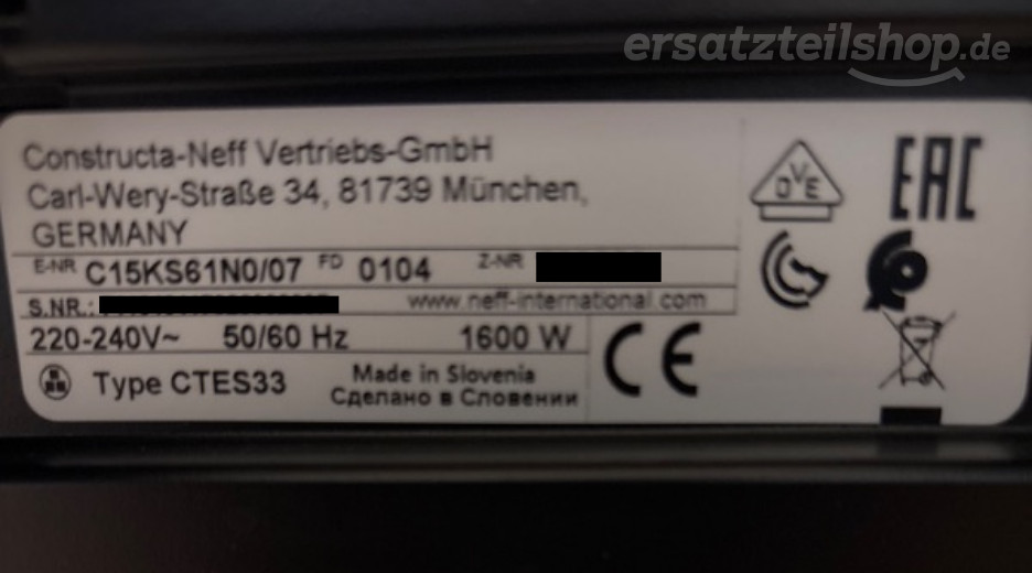 Typenschild Neff C15KS61N0/07