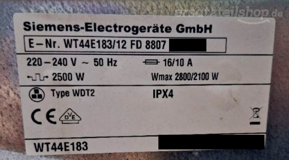 Typenschild Siemens WT44E183/12